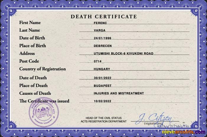 Hungary vital record death certificate